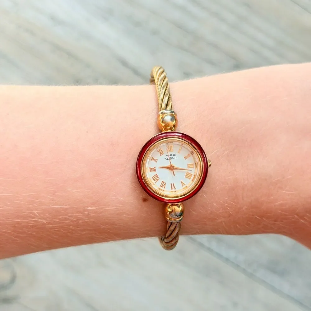 Vintage Anne Klein II Gold Tone Cable Bracelet Watch Red Bezel Roman Dainty